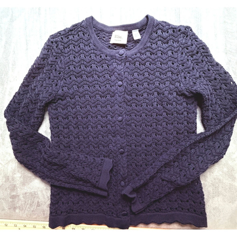 Elie Tahari Cardigan Womens XS Navy Pointelle Open Knit Scalloped Button Up